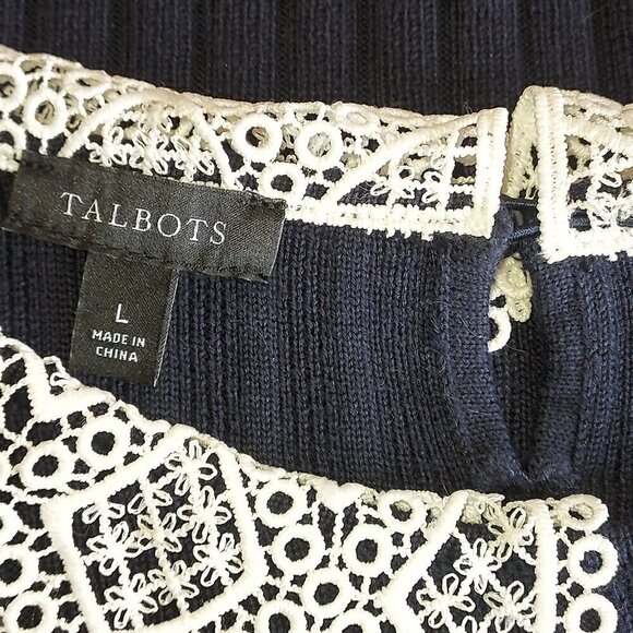 Talbots Sweater Womens Large Navy Knit Crochet Collar, Trad, Wednesday Addams - Picture 3 of 8